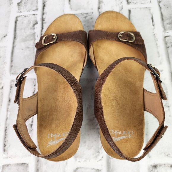 Dansko Tricia Women US 9 EU 39 Brown Leather Ankle Strap Wood Heel Wedge Sandals - Picture 6 of 10